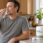 A man in his 40s drinking a glass of water in his kitchen next to a tub of creatine monohydrate