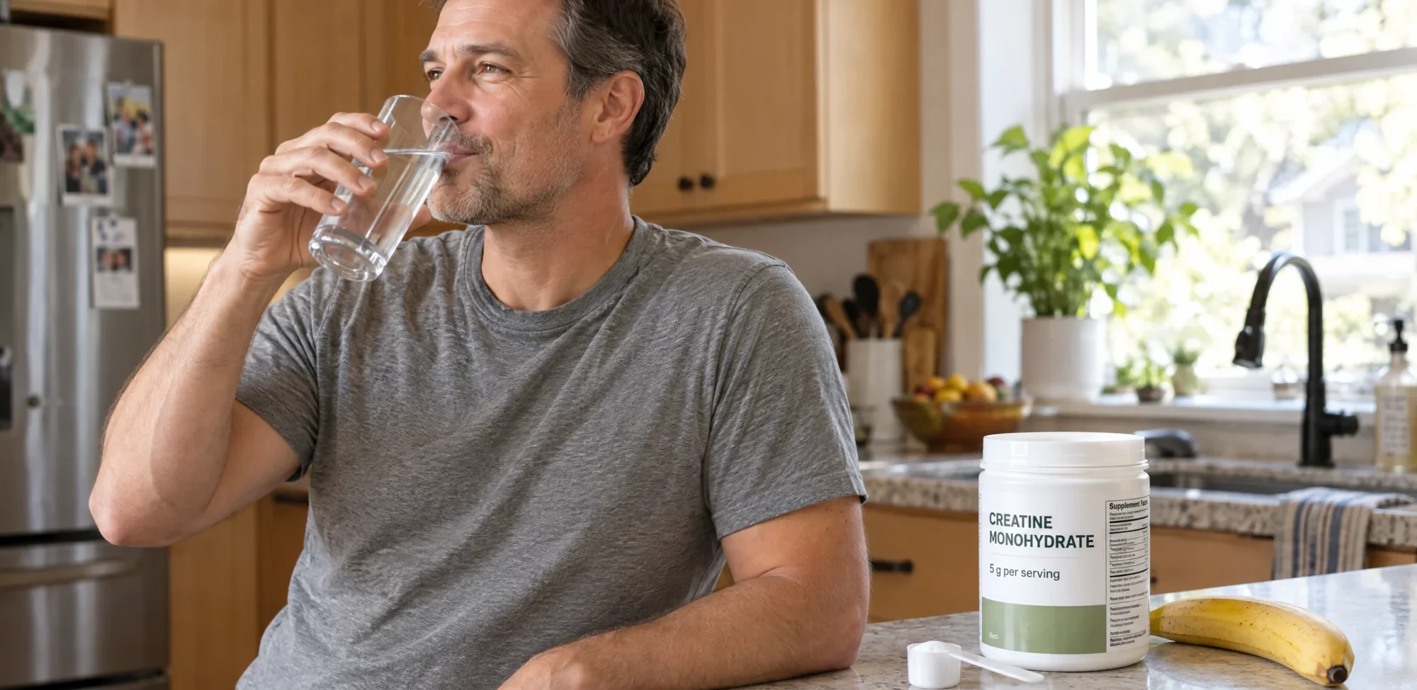 A man in his 40s drinking a glass of water in his kitchen next to a tub of creatine monohydrate