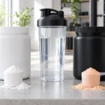 A white tub with a scoop of creatine powder next to a black tub with a scoop of orange BCAA powder