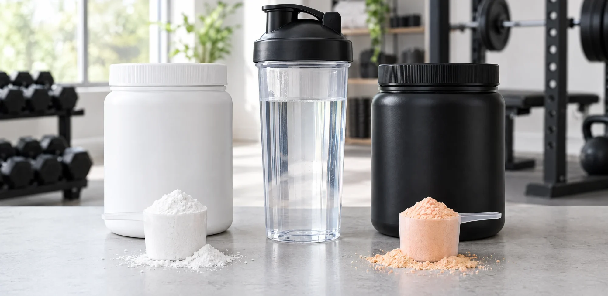 A white tub with a scoop of creatine powder next to a black tub with a scoop of orange BCAA powder