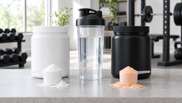 A white tub with a scoop of creatine powder next to a black tub with a scoop of orange BCAA powder