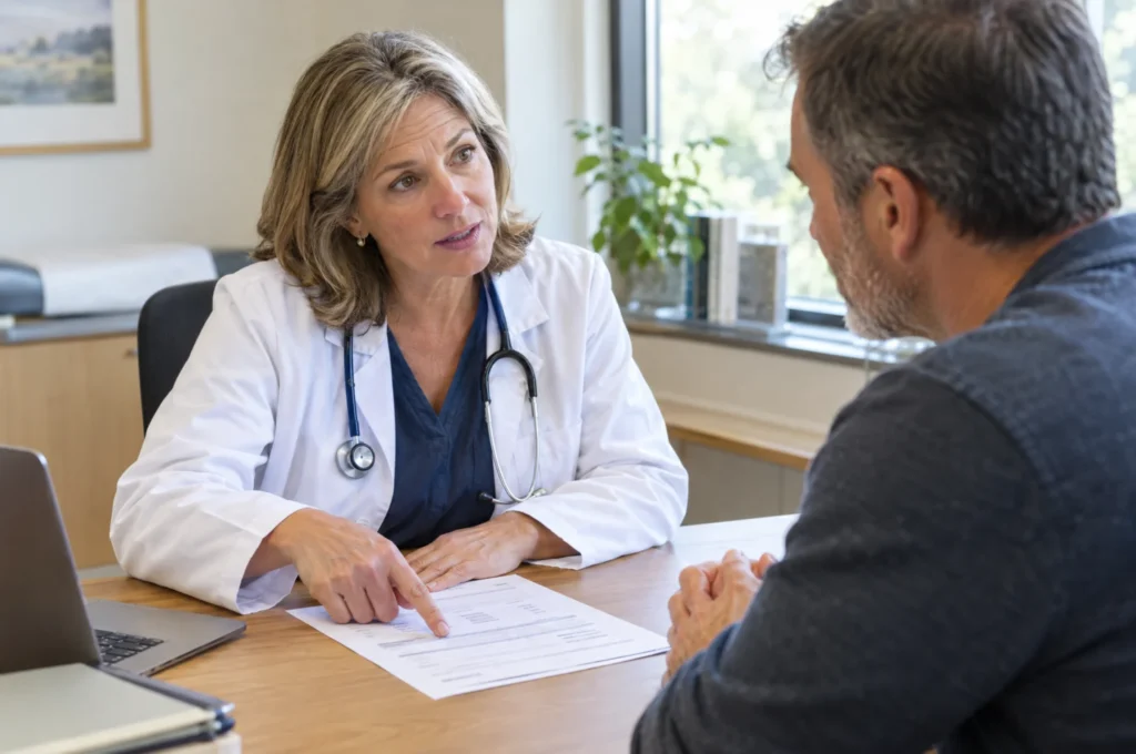 A doctor reviewing blood test results with a middle-aged patient
