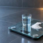 A glass bathroom scale holding a glass of water and a scoop of white creatine powder