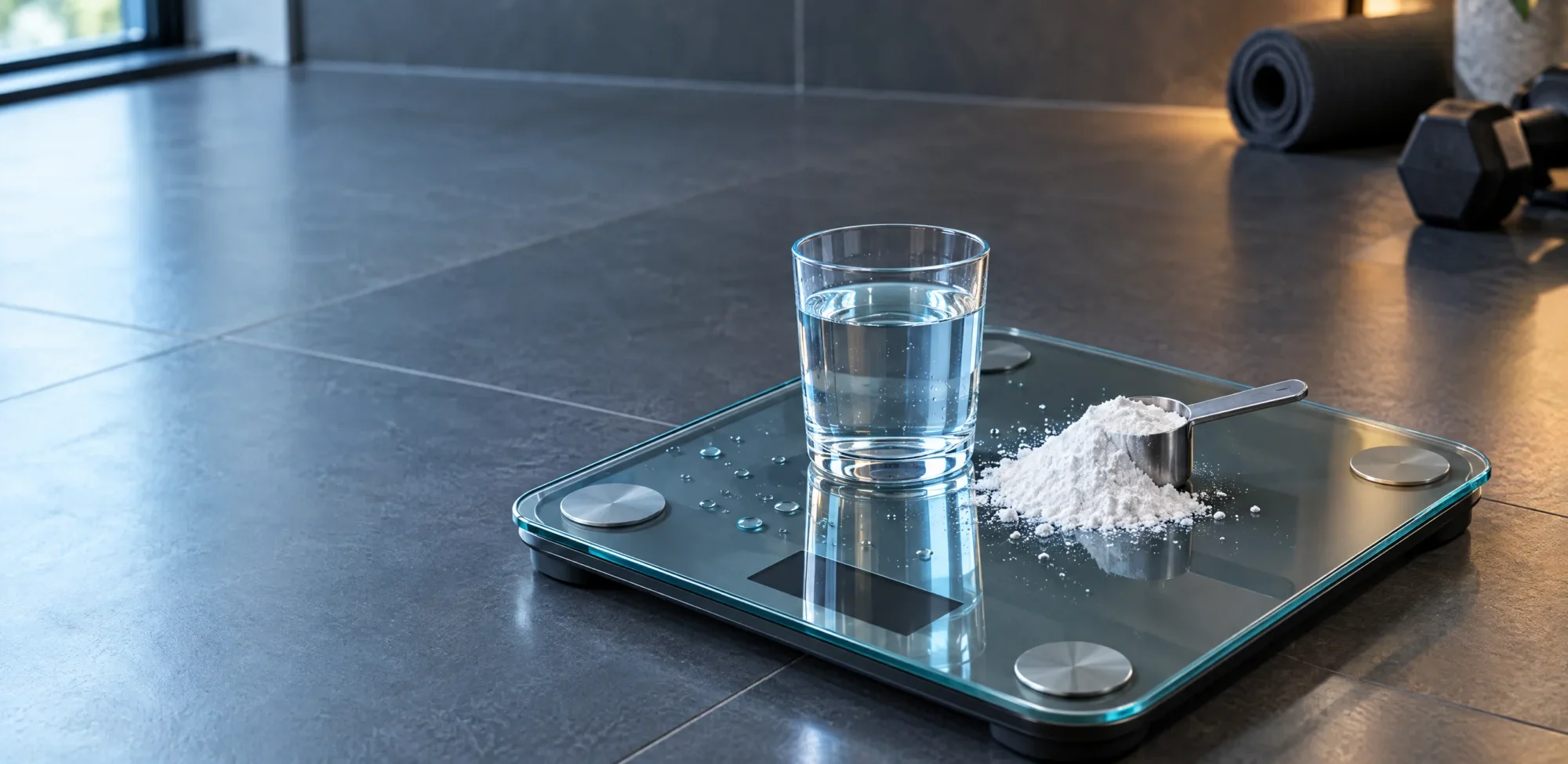 A glass bathroom scale holding a glass of water and a scoop of white creatine powder
