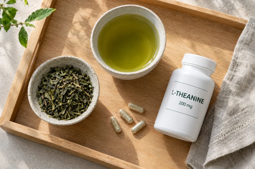 A tray with a teapot and cups of green tea, the natural source of L-theanine