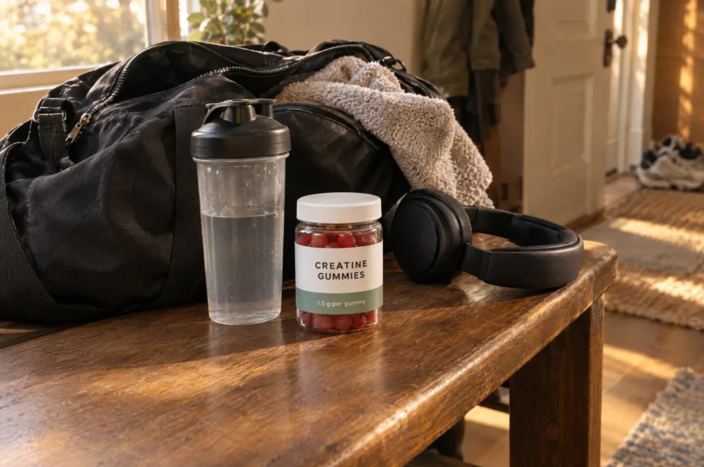 A gym bag with a shaker bottle, headphones and a jar of creatine gummies