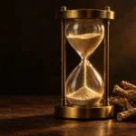 An antique hourglass filled with ashwagandha root powder beside dried ashwagandha roots