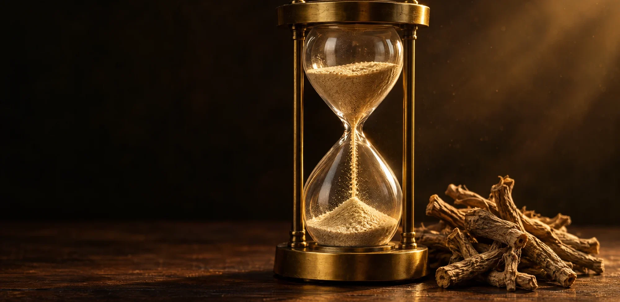 An antique hourglass filled with ashwagandha root powder beside dried ashwagandha roots