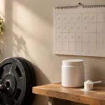 A wall calendar with days crossed off above a shelf with a creatine tub, scoop and shaker in a home gym