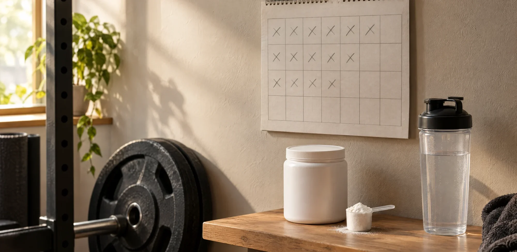 A wall calendar with days crossed off above a shelf with a creatine tub, scoop and shaker in a home gym