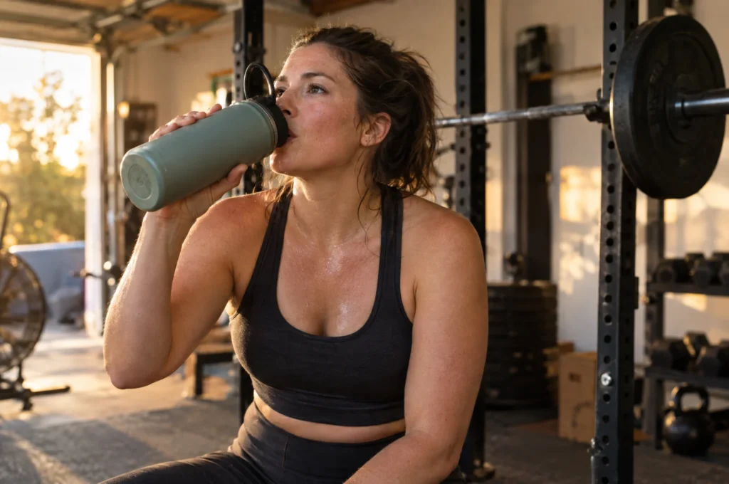 A woman drinking water between sets in her garage gym