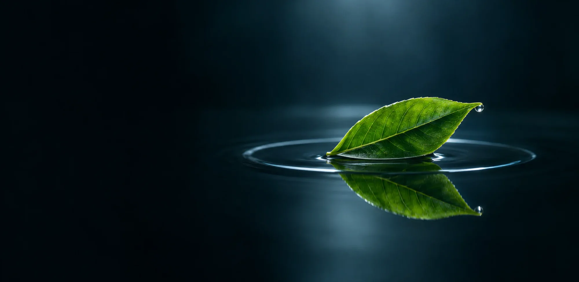 A single green tea leaf resting on still dark water, with one ripple spreading outward