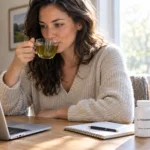 A woman at her desk with a cup of green tea and a bottle of L-theanine capsules