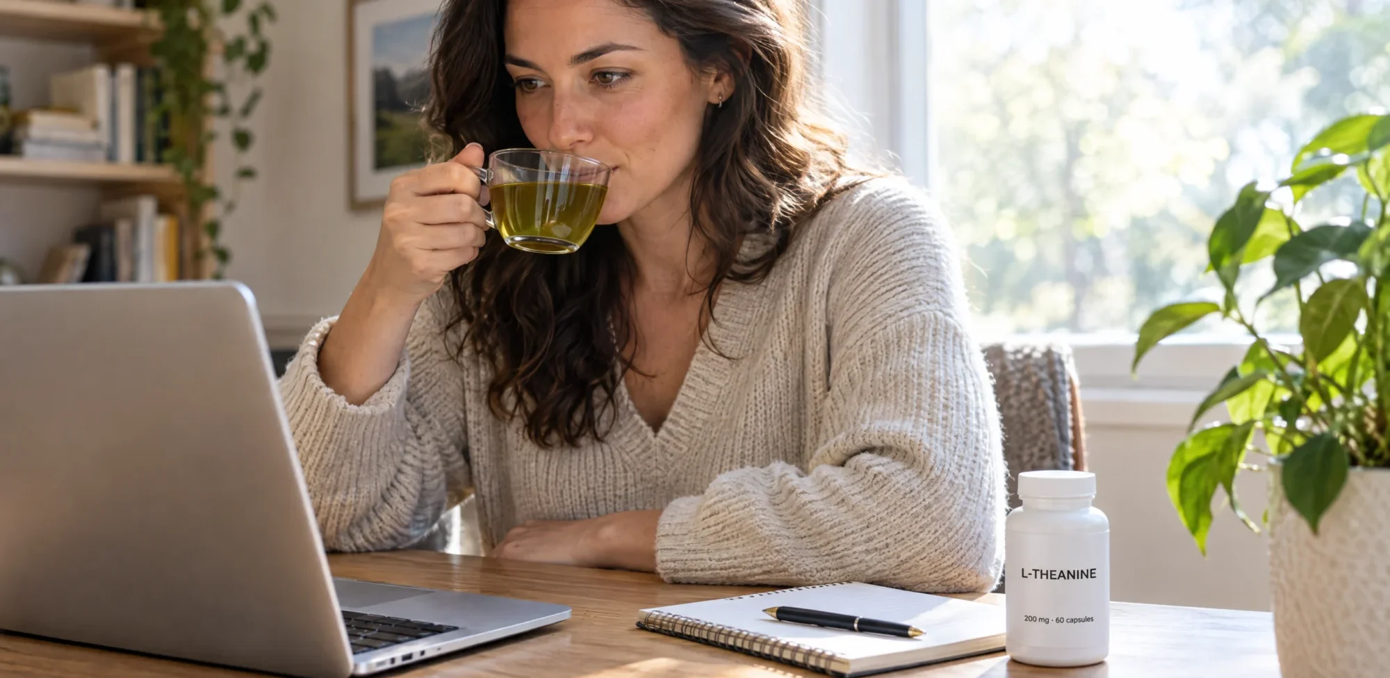 A woman at her desk with a cup of green tea and a bottle of L-theanine capsules