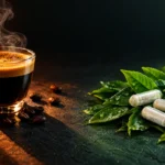 An espresso in harsh warm light beside fresh green tea leaves and L-theanine capsules in calm green light