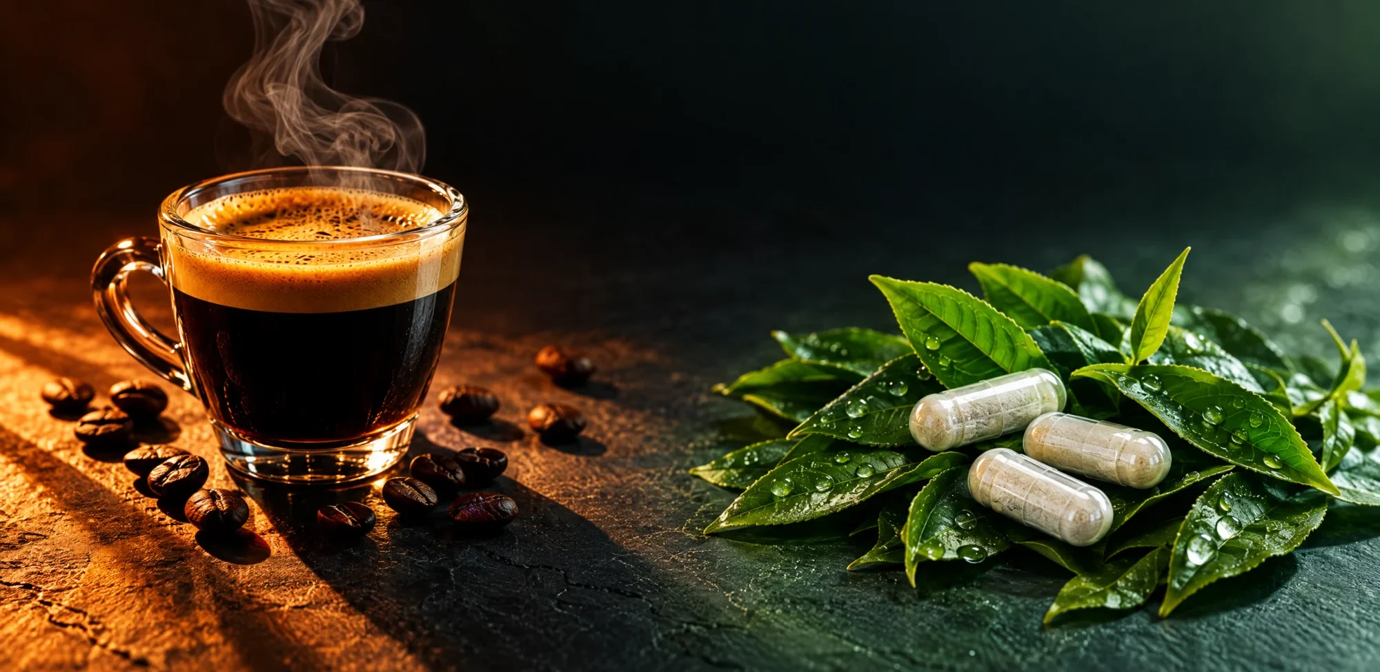 An espresso in harsh warm light beside fresh green tea leaves and L-theanine capsules in calm green light