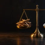 A brass balance scale holding magnesium crystals on one side and dried ashwagandha roots on the other