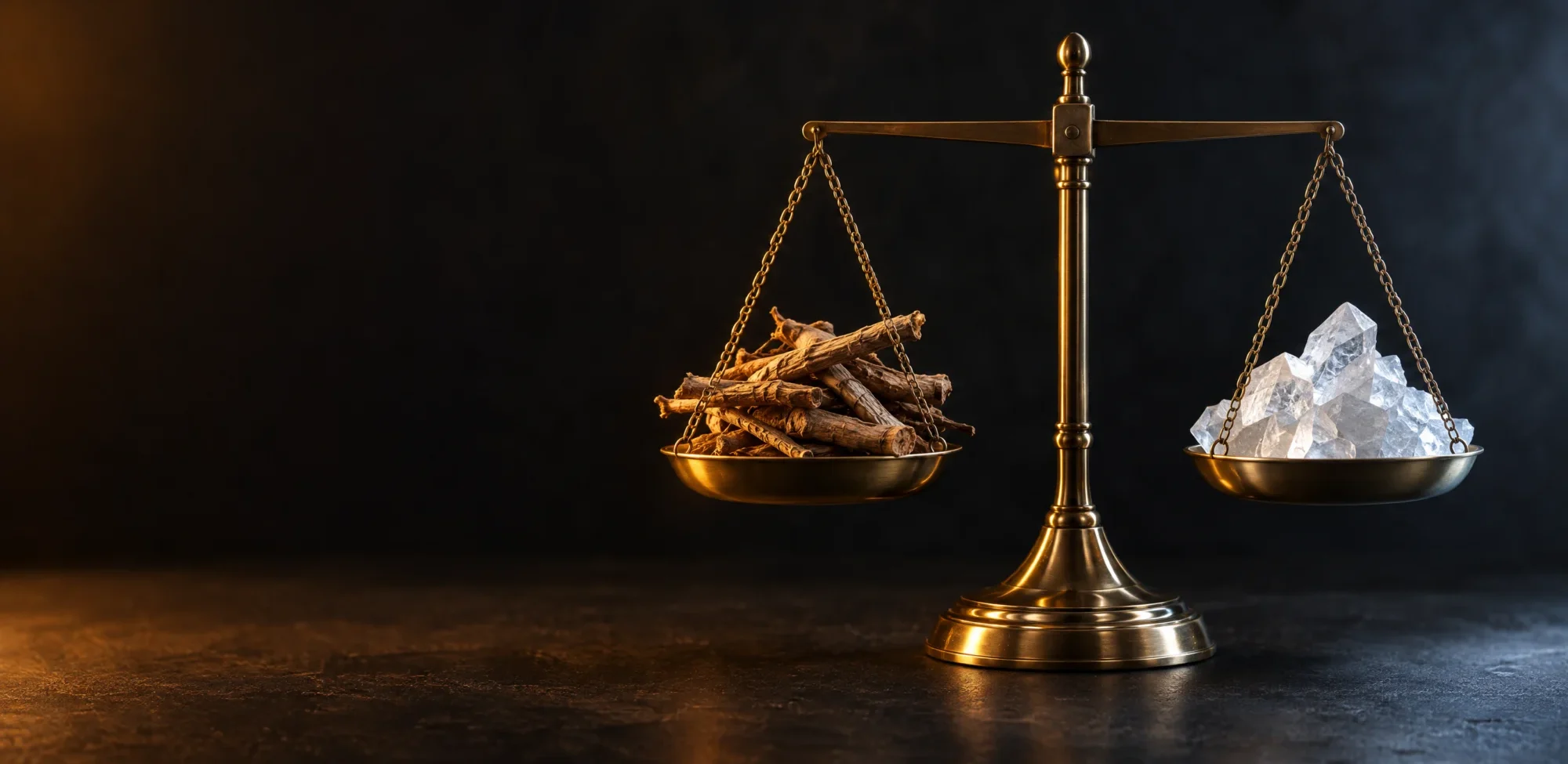 A brass balance scale holding magnesium crystals on one side and dried ashwagandha roots on the other