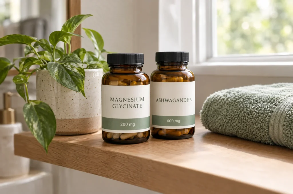 Bottles of magnesium glycinate and ashwagandha on a bathroom shelf