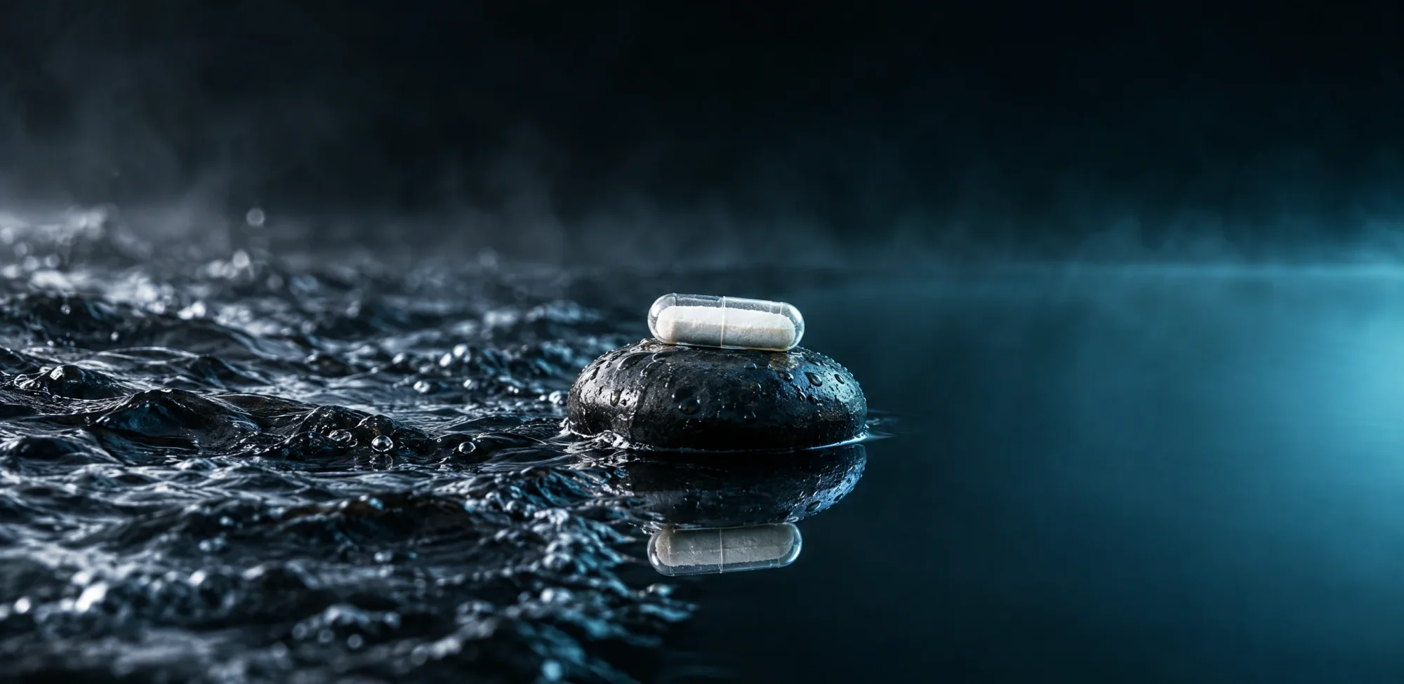 A magnesium capsule on a dark stone where choppy water turns perfectly still