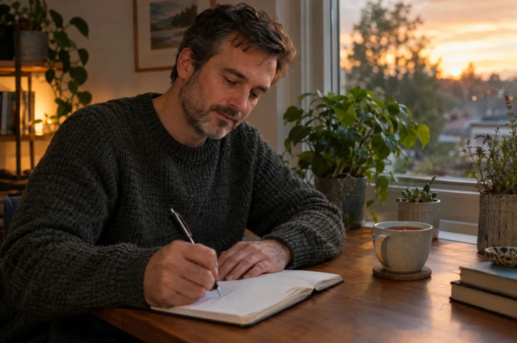 A man writing in a journal at his kitchen table in the evening