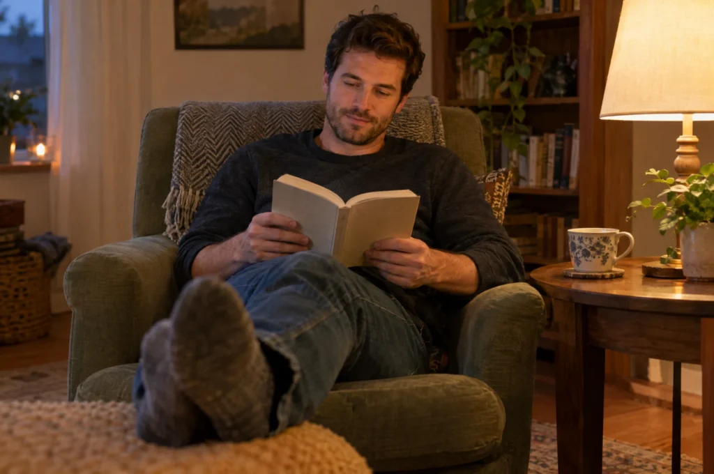 A man reading a book calmly in an armchair by the window