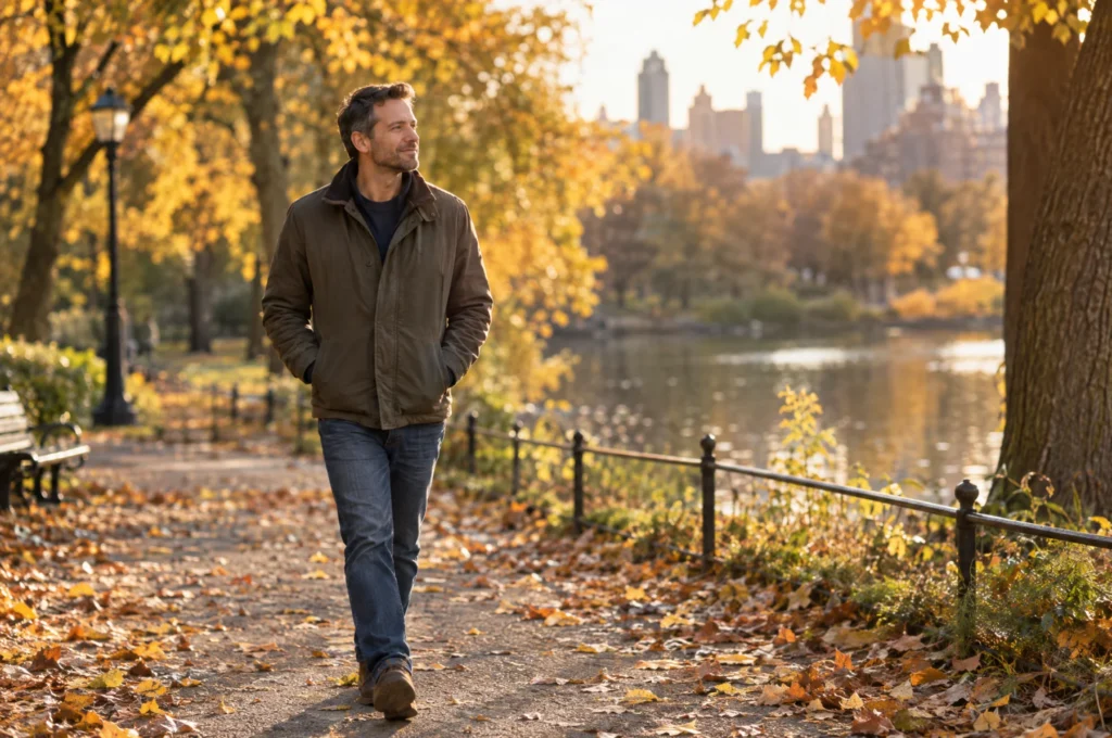 A man walking alone through an autumn park in golden afternoon light