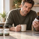 A man in his 40s reading a supplement label in his kitchen next to bottles of ashwagandha and phosphatidylserine