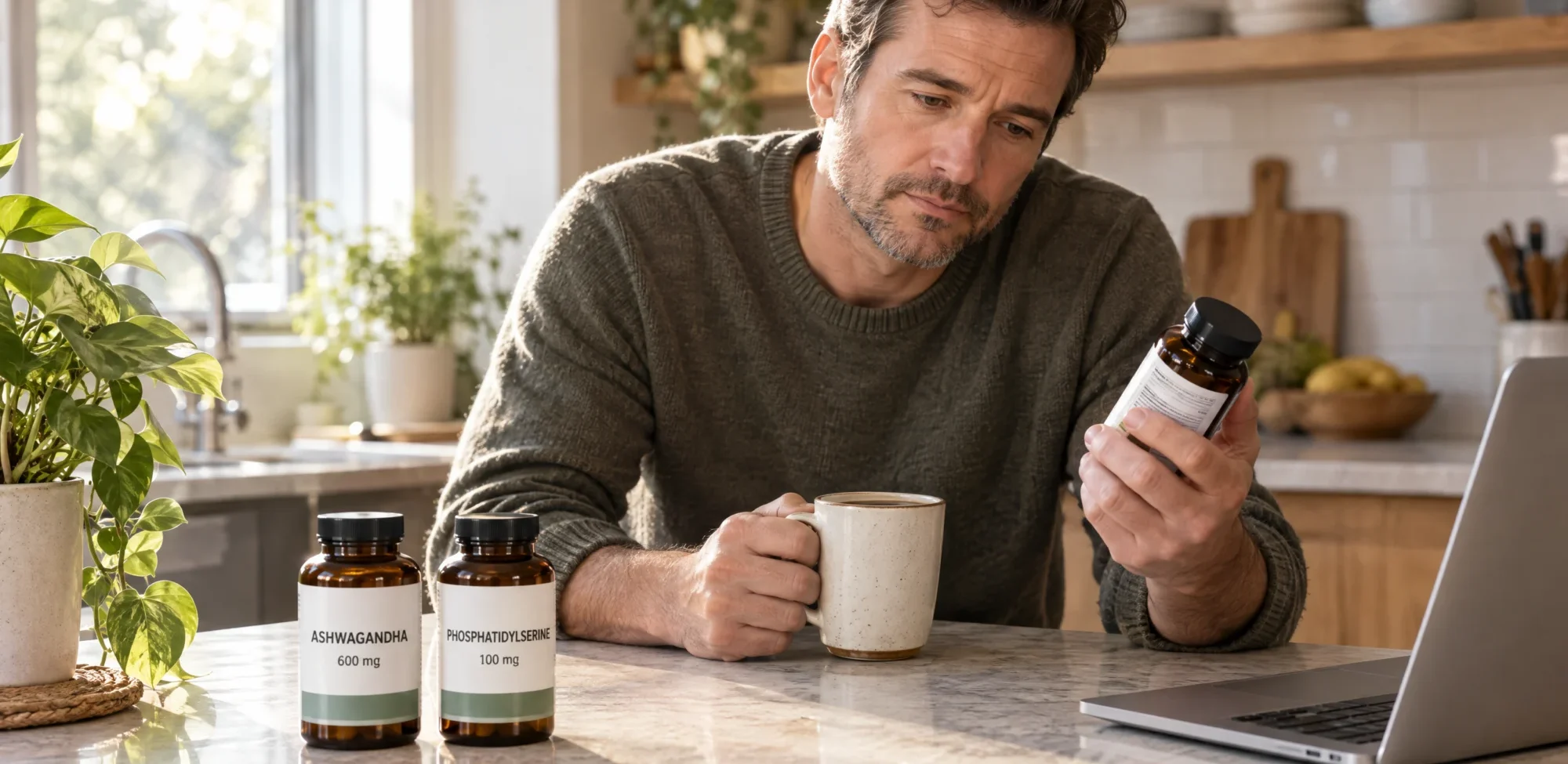 A man in his 40s reading a supplement label in his kitchen next to bottles of ashwagandha and phosphatidylserine