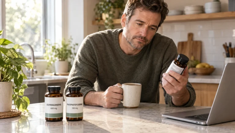 A man in his 40s reading a supplement label in his kitchen next to bottles of ashwagandha and phosphatidylserine