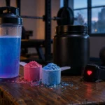 A shaker of blue pre-workout drink, two scoops of powder and a smartwatch showing a red heart icon on a gym bench