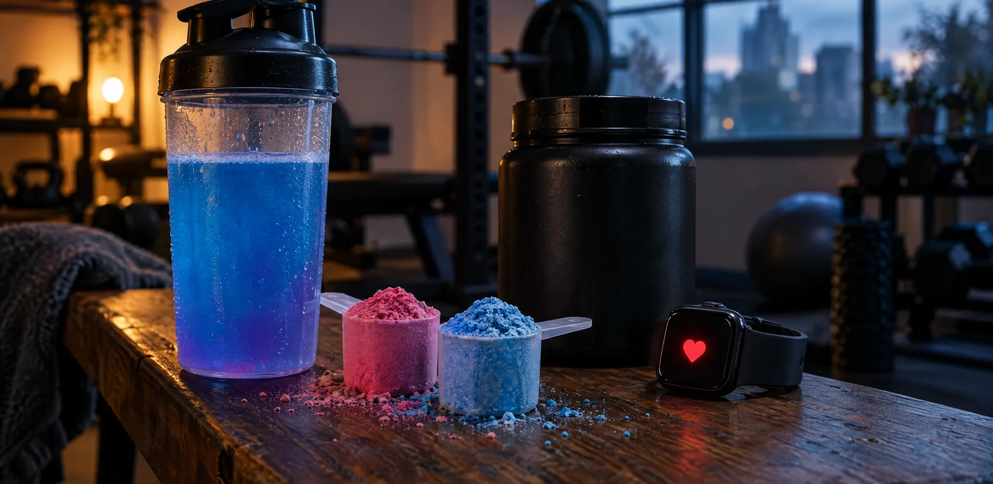 A shaker of blue pre-workout drink, two scoops of powder and a smartwatch showing a red heart icon on a gym bench
