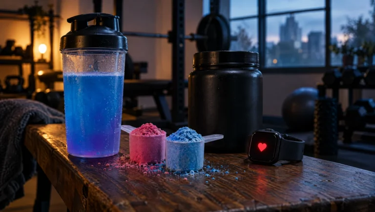 A shaker of blue pre-workout drink, two scoops of powder and a smartwatch showing a red heart icon on a gym bench