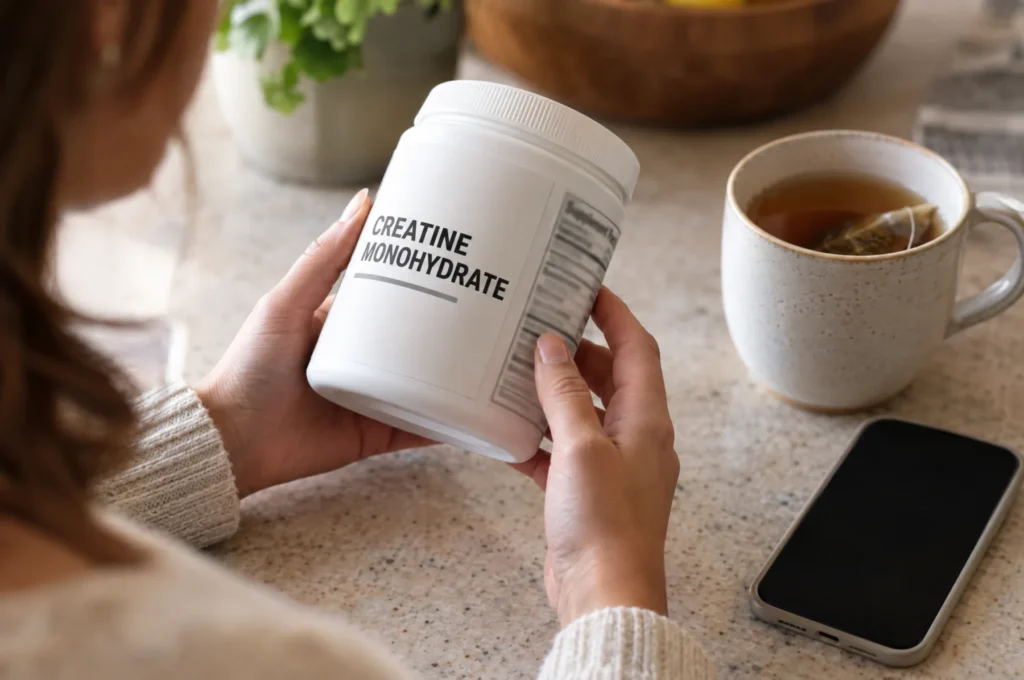 Hands turning a creatine monohydrate tub to read the supplement facts panel