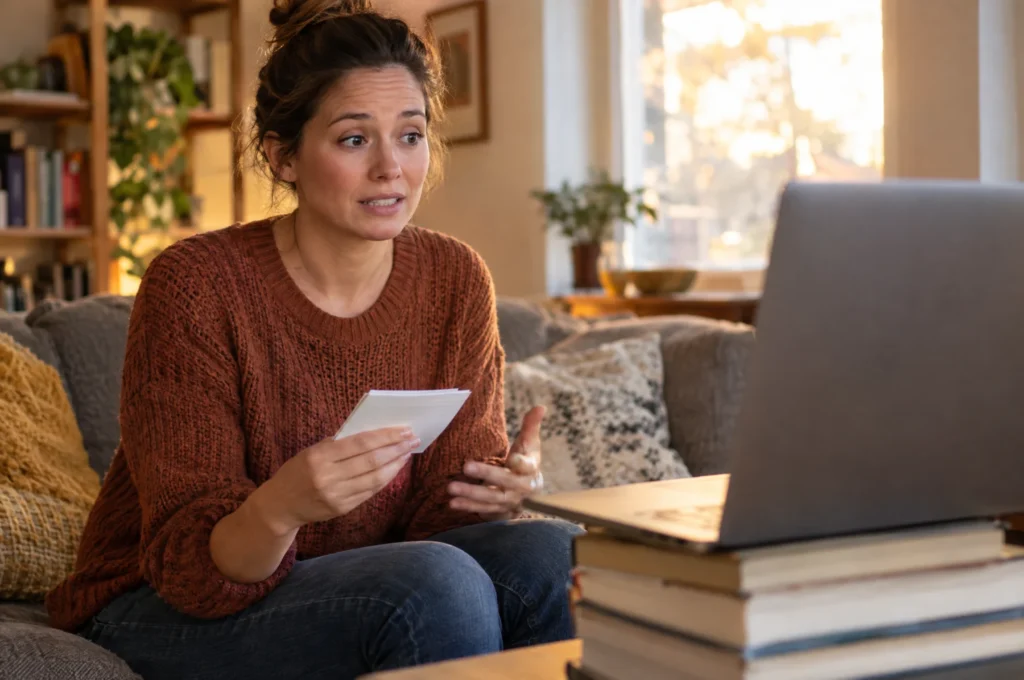 A woman nervously rehearsing a presentation at home in front of her laptop