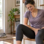 A woman sitting on the stairs at home massaging her sore thigh the day after a leg workout