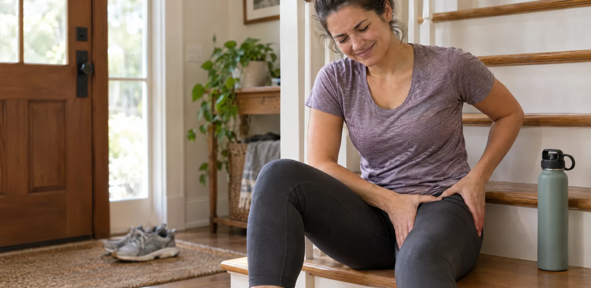 A woman sitting on the stairs at home massaging her sore thigh the day after a leg workout