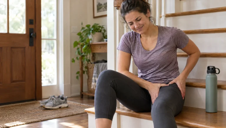 A woman sitting on the stairs at home massaging her sore thigh the day after a leg workout