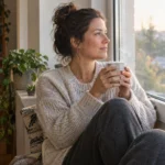 A woman sitting by a window in the morning holding a warm mug, taking a calm moment