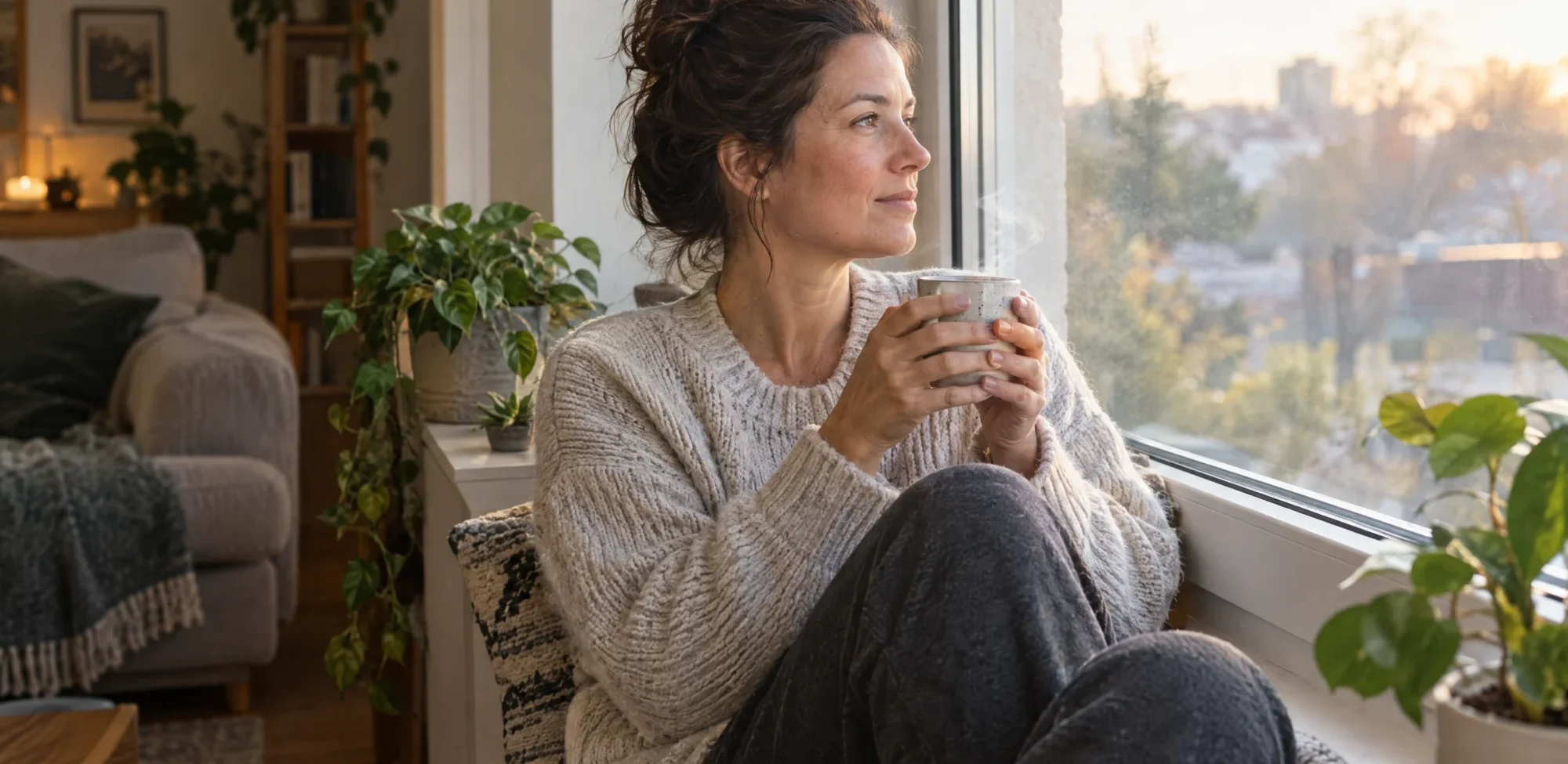 A woman sitting by a window in the morning holding a warm mug, taking a calm moment