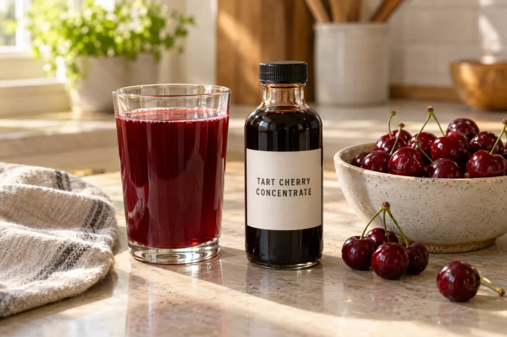 A glass of tart cherry juice next to a bowl of fresh sour cherries
