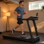A man jogging on a folding treadmill in a basement home gym