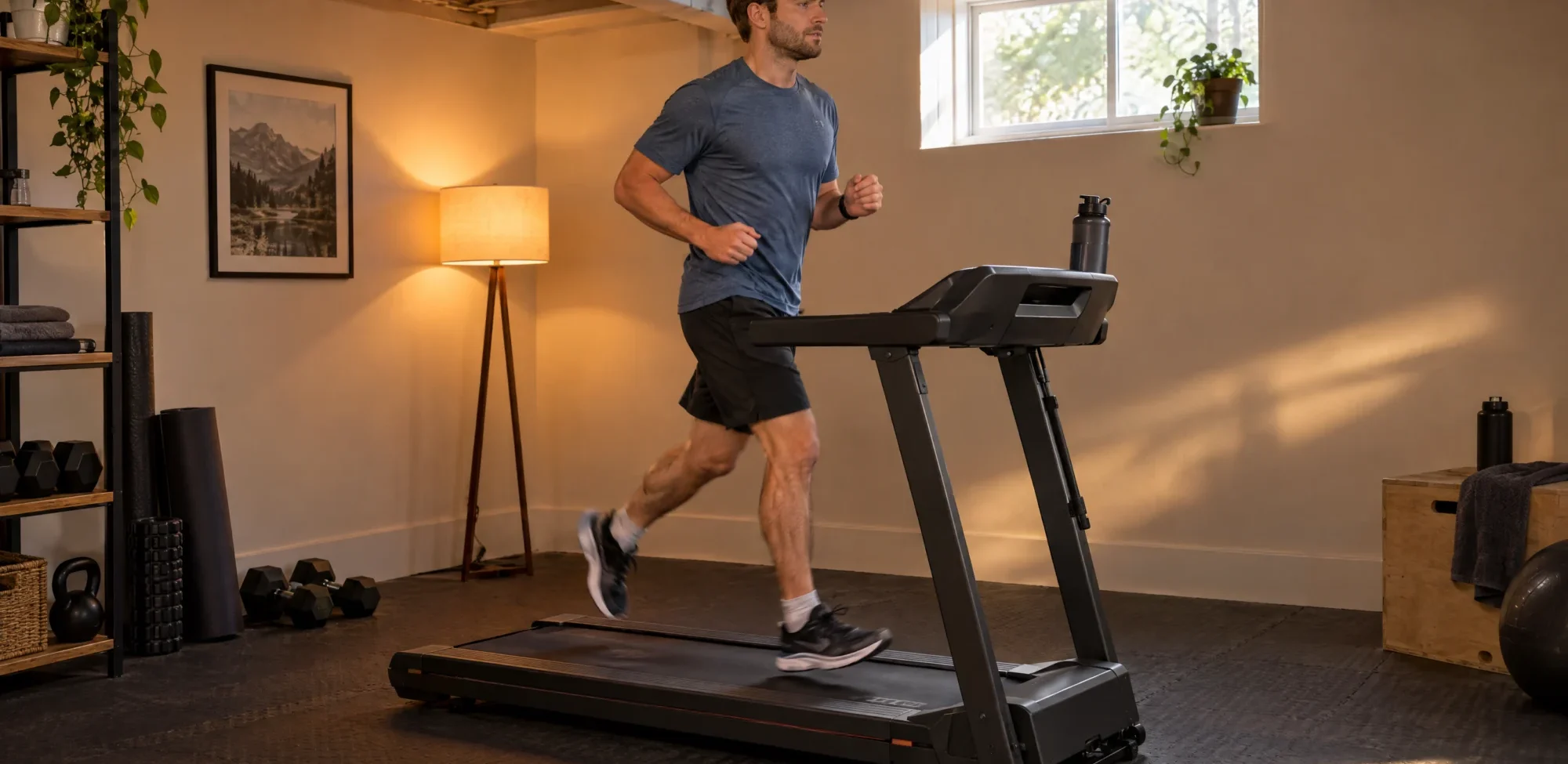 A man jogging on a folding treadmill in a basement home gym