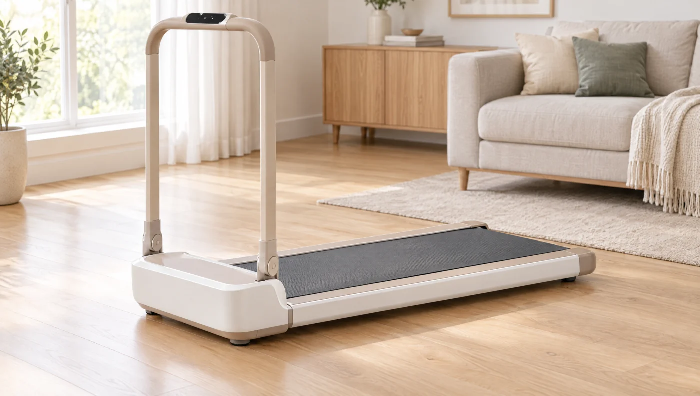 Illustration of a 2-in-1 walking pad with its safety handle raised, the design of the UREVO Strol 2E