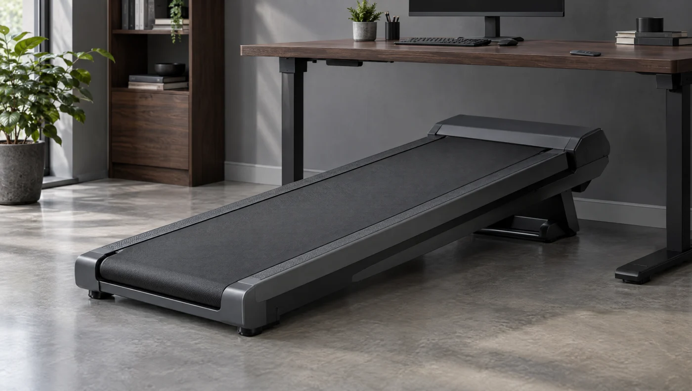 Illustration of a wide walking pad raised on an automatic incline, the design of the MERACH W50