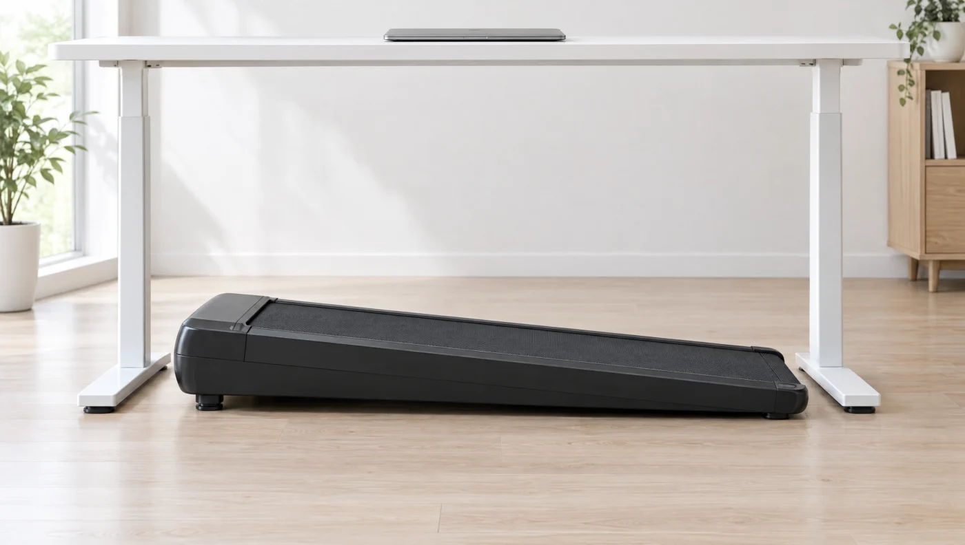 Illustration of a walking pad with a fixed wedge-shaped incline under a standing desk, the design of the Cybergoing T10