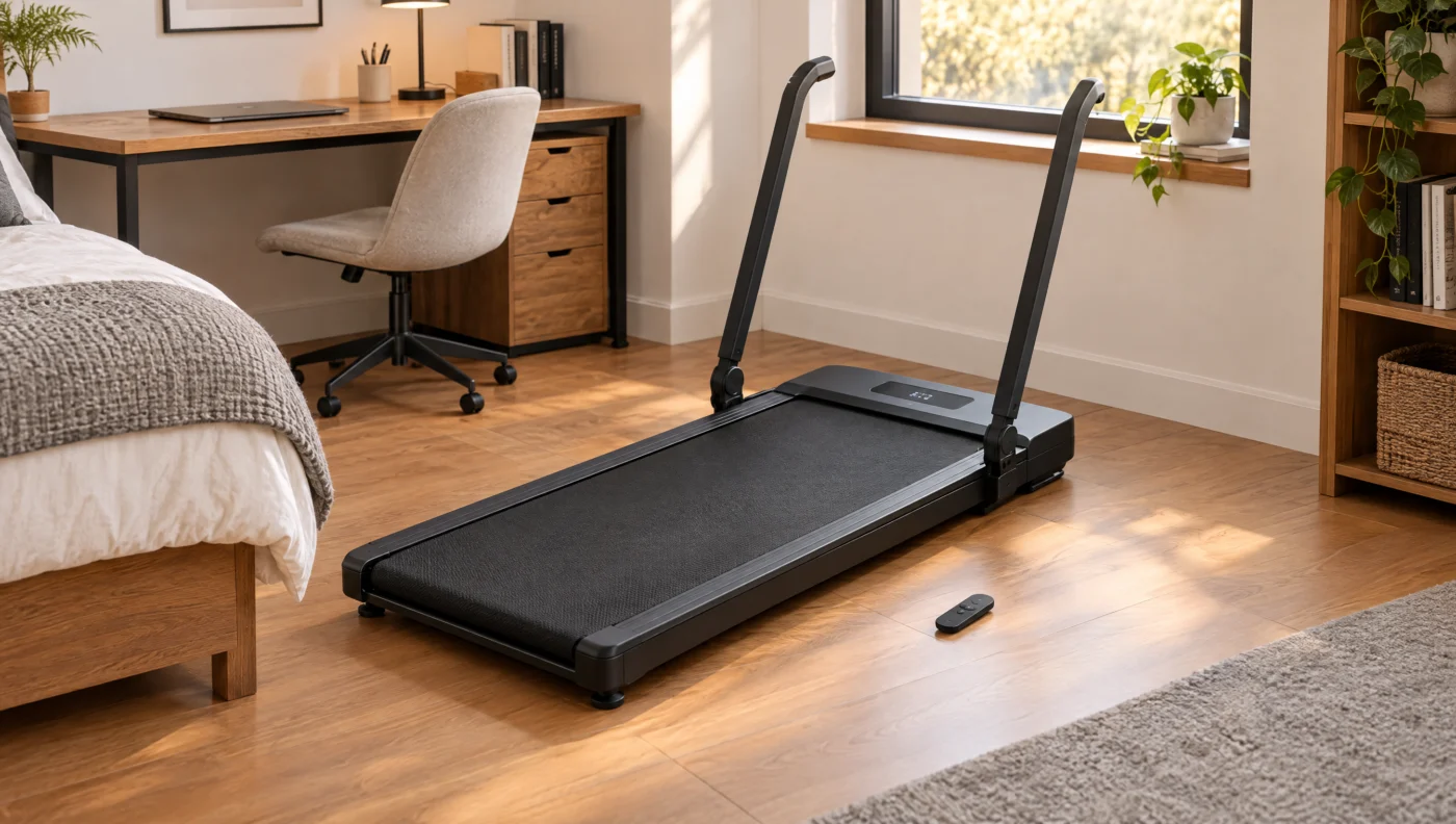 Illustration of a budget walking pad with fold-down handlebars, the design of the Yagud walking pad