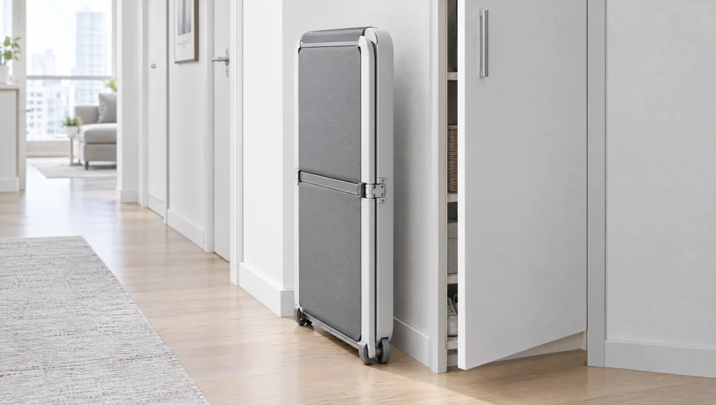 Illustration of a walking pad folded in half and stored upright, the design of the WalkingPad C2