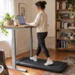 A woman walking on a walking pad under a standing desk in her home office