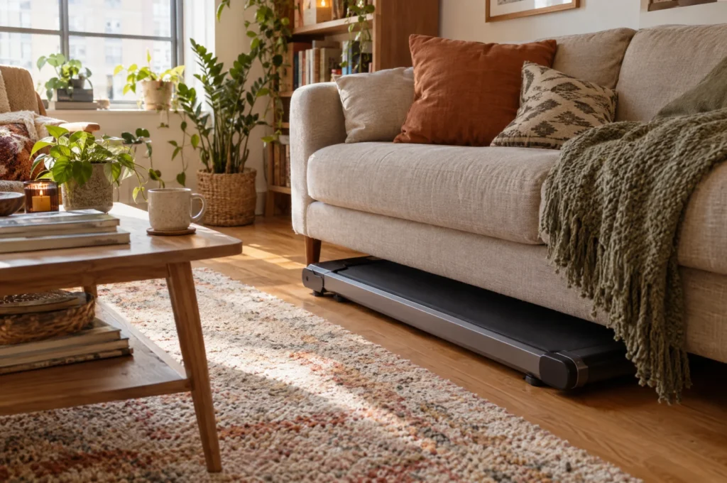 A flat walking pad stored under a sofa in a small apartment living room